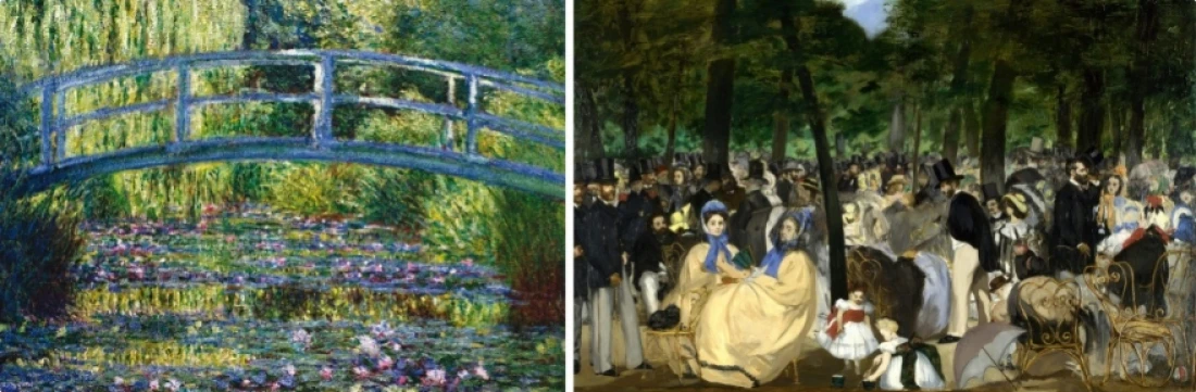 A gauche : ©Les Nymphéas -- Claude MONET / à droite : ©La Musique aux Tuileries Edouard MANET